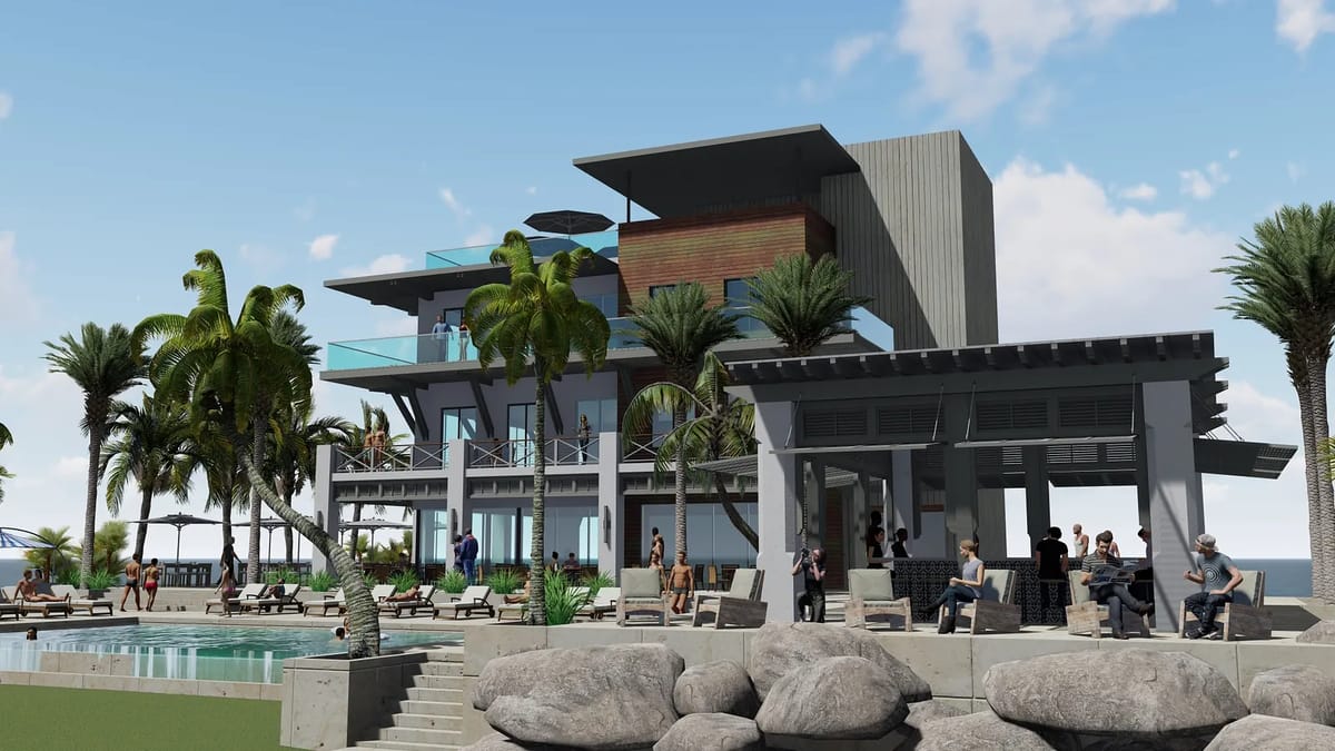 Multi-level building with balconies, pool area, palm trees, and rocky landscaping in an outdoor setting.