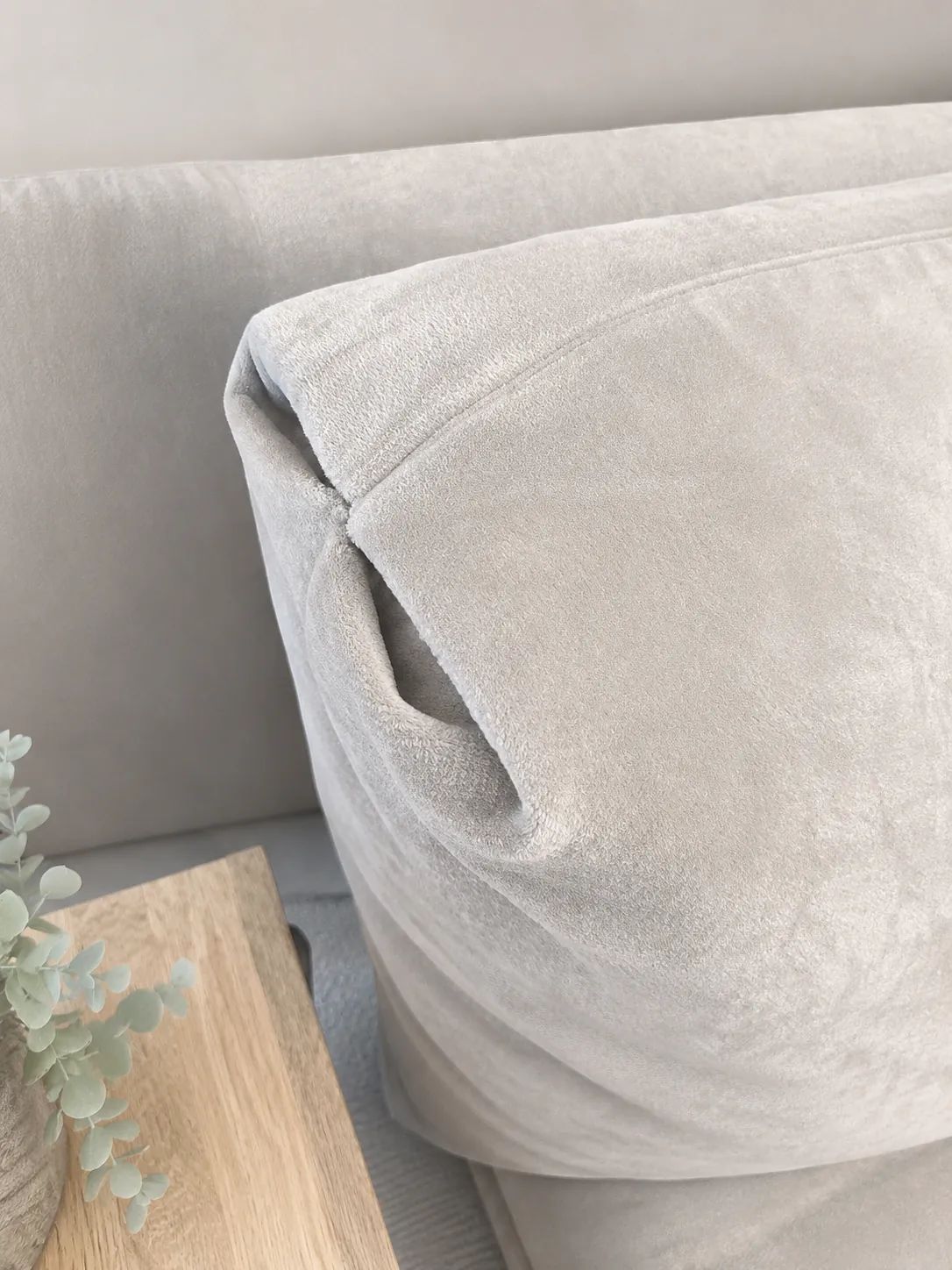 Living room segment with light gray sofa, wood side table, and small green plant.