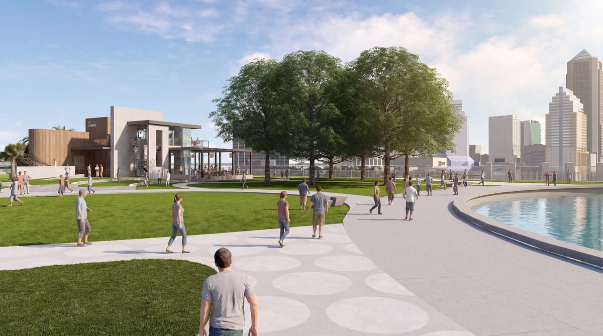 Outdoor park with paths, greenery, pond, modern building, and people walking.