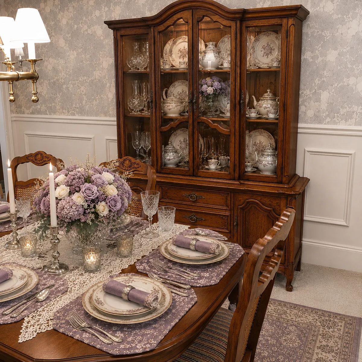 Dining room with wooden table, chairs, floral centerpiece, glass cabinet, and floral wallpaper.