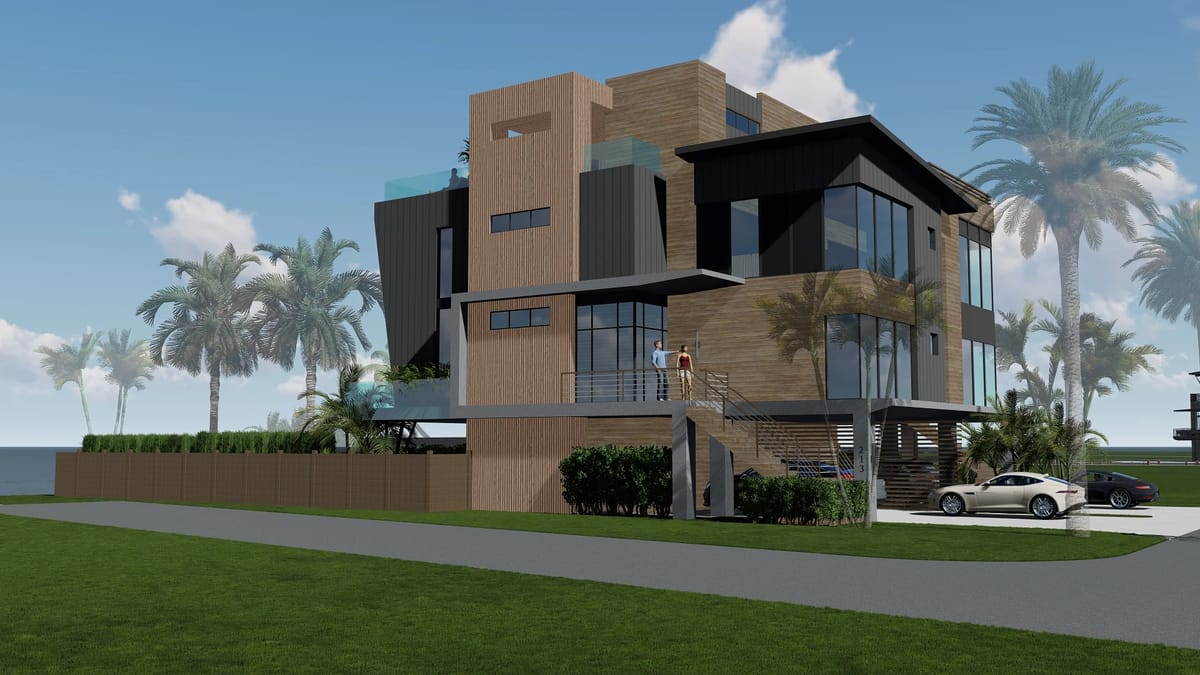 Modern house with wooden and black panels, large glass windows, balcony, and landscaped front yard.