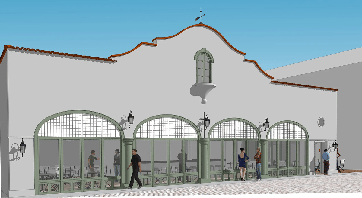 Building facade with arched green windows, decorative lanterns, and a curved roof with a red overhang.