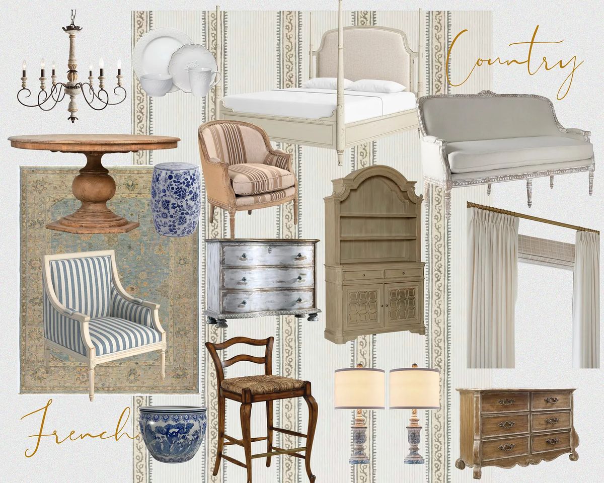 Collage of furniture and decor items including bed, sofa, dining table, and various accessories.