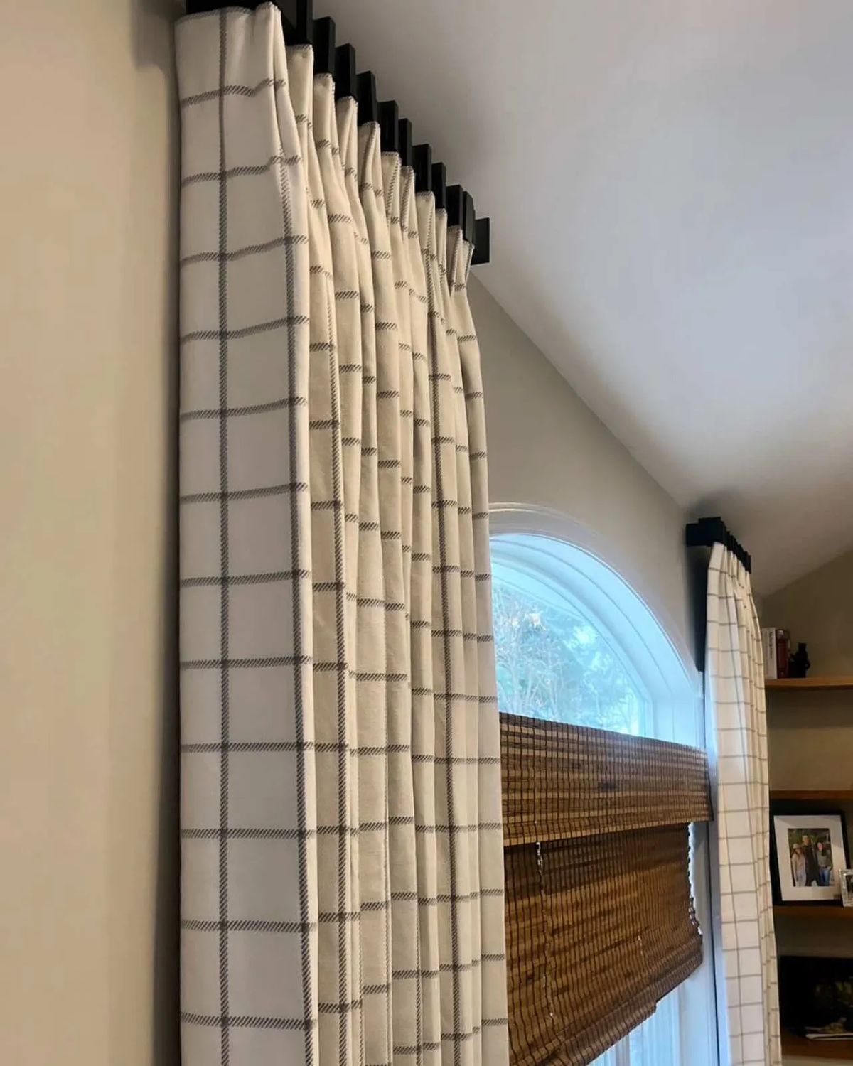 The perfect pairing of layers, Bespoke drapes and woven wood shades