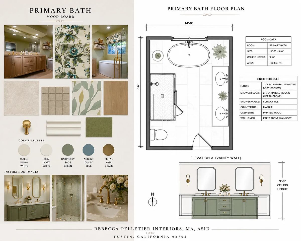 Primary bathroom featuring dual sinks, a freestanding tub, wooden cabinetry, and floral wall tiles.