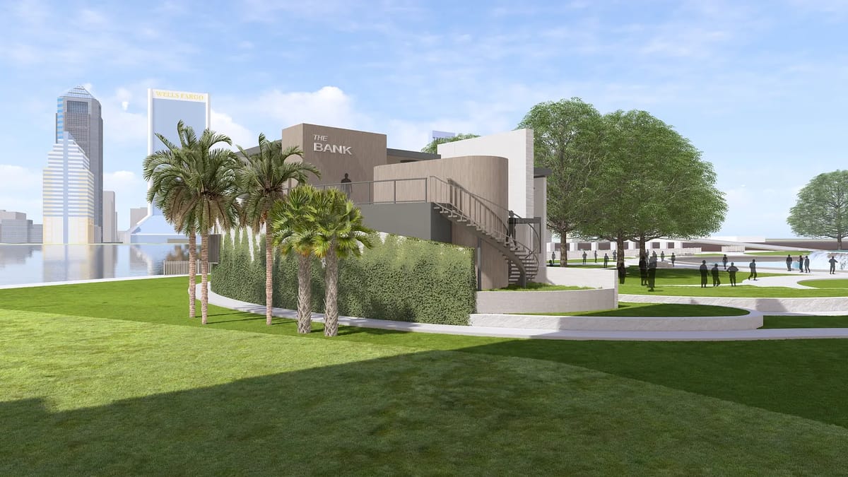 Exterior front view of 'The Bank' building with modern design, staircase, palm trees, and skyline backdrop.