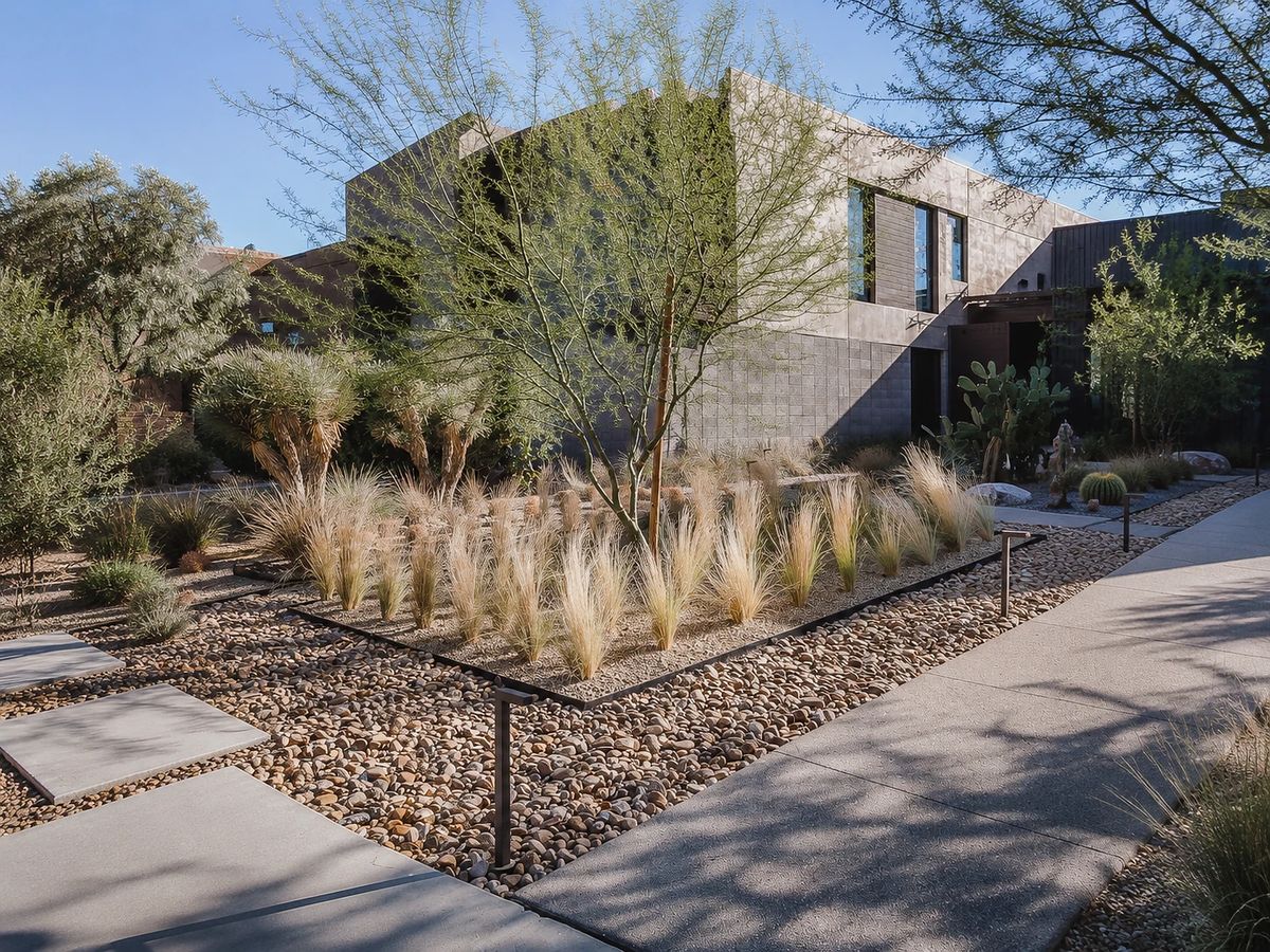 Modern house exterior with concrete pathway, gravel landscaping, and desert plants