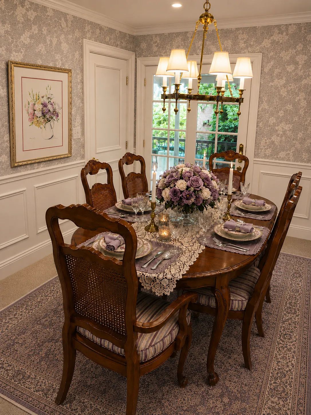 Dining room with round wooden table, upholstered chairs, floral centerpiece, and framed floral artwork