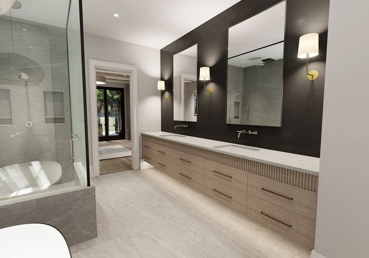Bathroom with double vanity, mirrors, wall sconces, glass shower, and freestanding bathtub