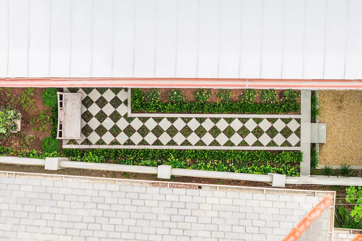 Garden with checkered pathway, raised beds, and surrounding green foliage.