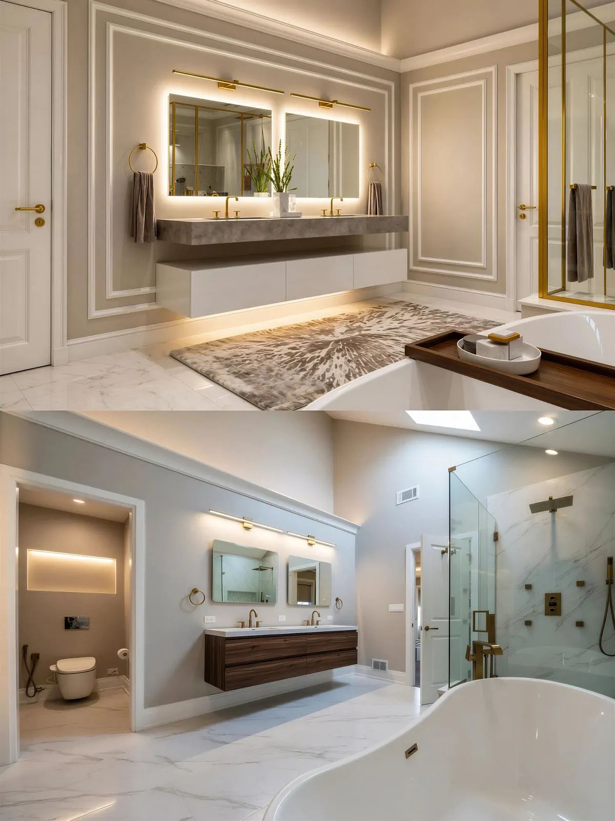 Spacious bathroom with double vanity, freestanding tub, glass shower, and marble floors.