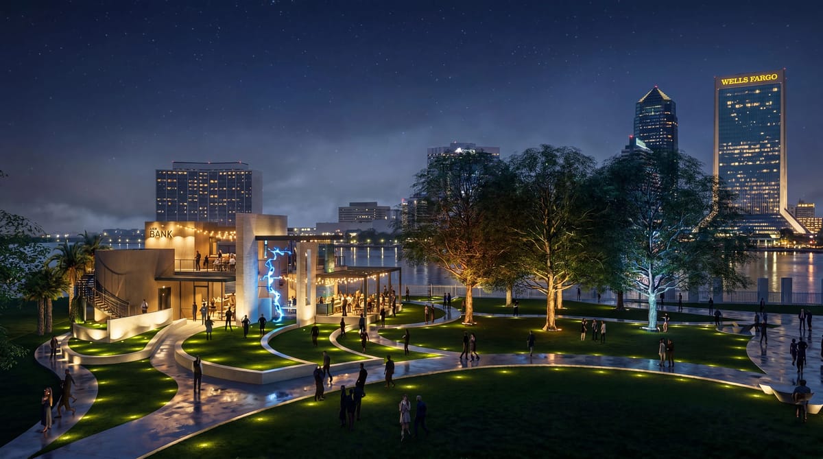 Outdoor park scene at night with a stage, pathways, trees, and people.