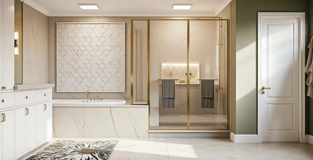 Bathroom with glass shower, freestanding bathtub, double vanity, and textured tile walls.