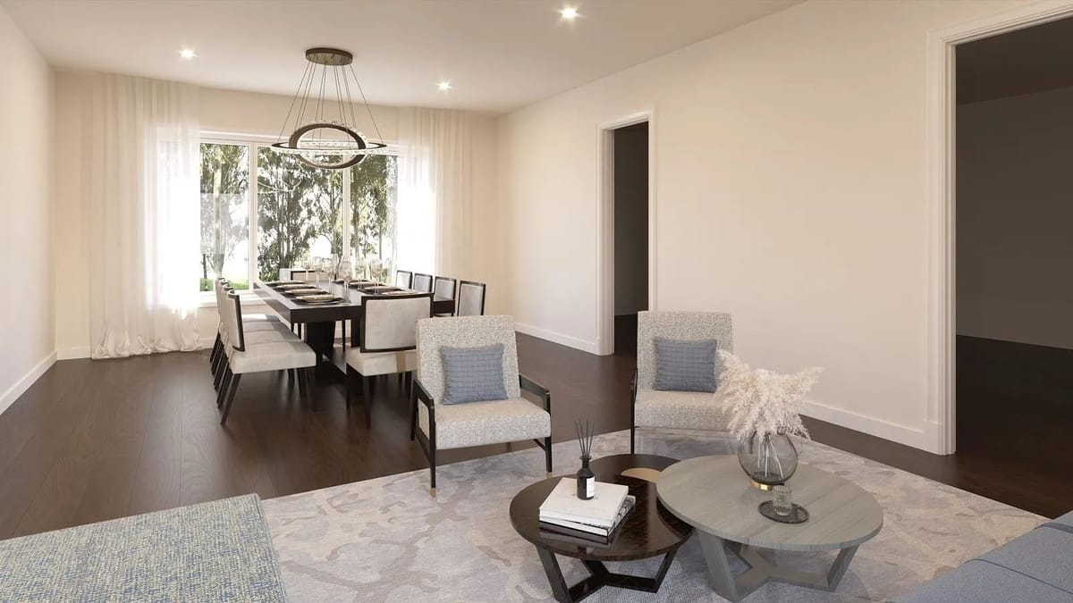 Dining room with rectangular table, chairs, armchairs, window with curtains, and chandelier.