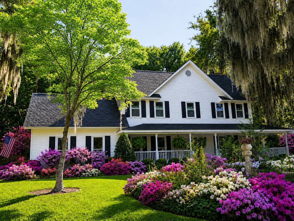 Front exterior of a white house with dark roof, surrounded by colorful flowers and greenery.