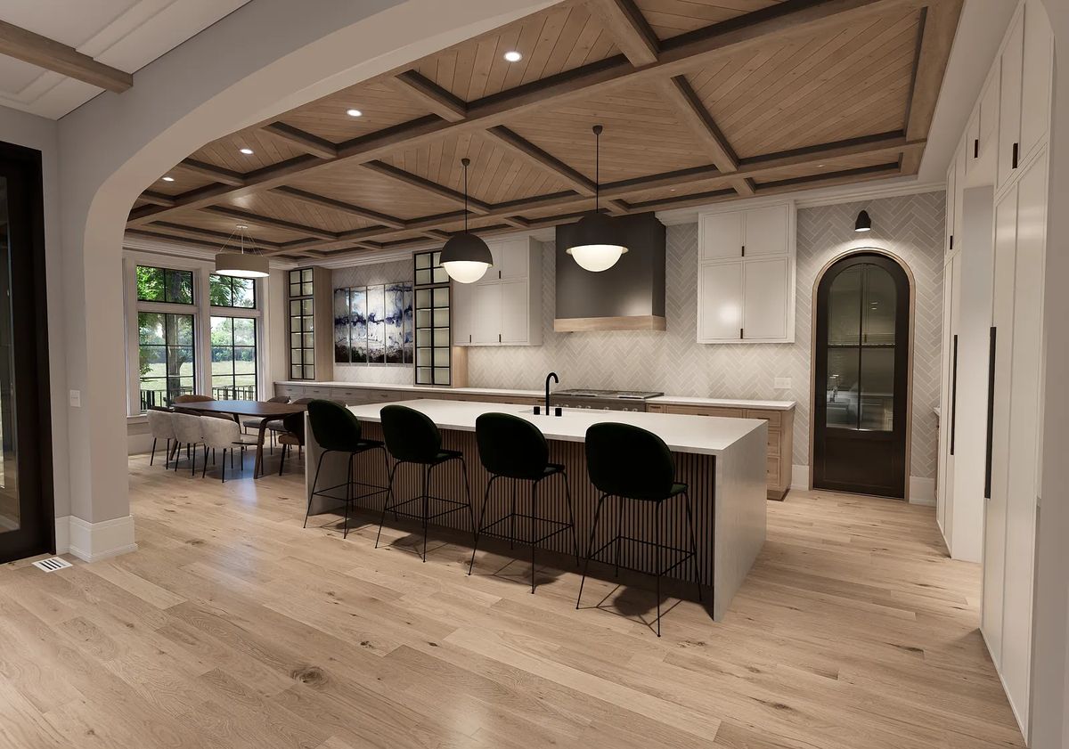 Modern kitchen with island, bar stools, cabinetry, herringbone backsplash, and natural light from windows.