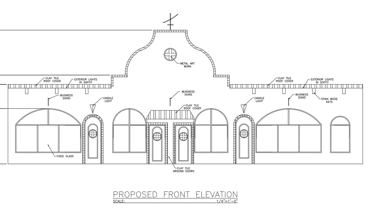 Proposed front elevation with arched doors, large windows, tiled roof, and ornamental details.
