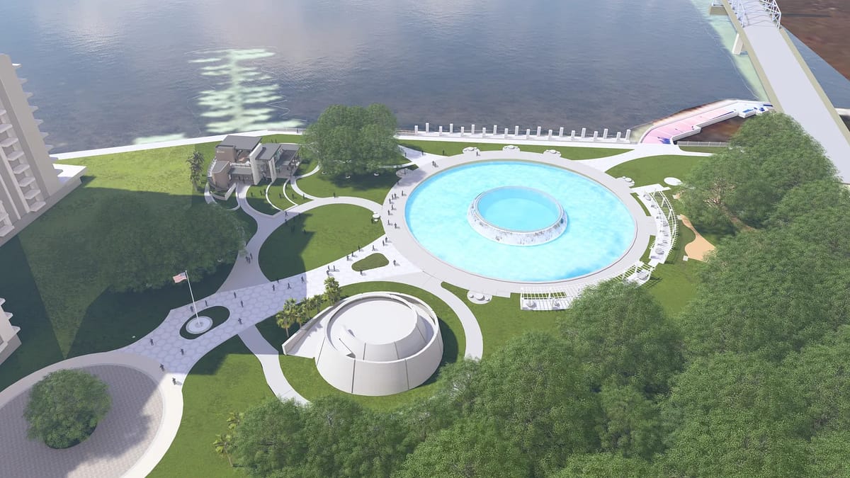 Garden with pool, pathways, benches, seating areas, and trees overlooking the water.