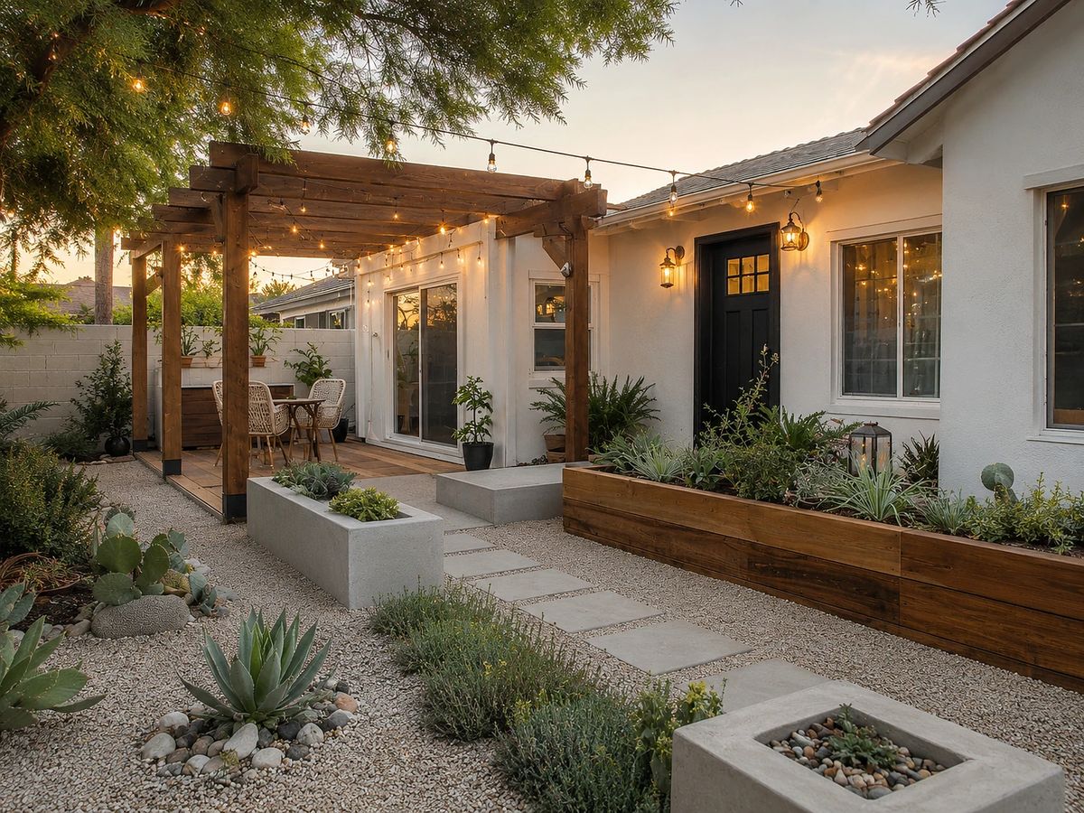 Garden with wooden pergola, stone pathway, raised planters, succulents, and patio seating.