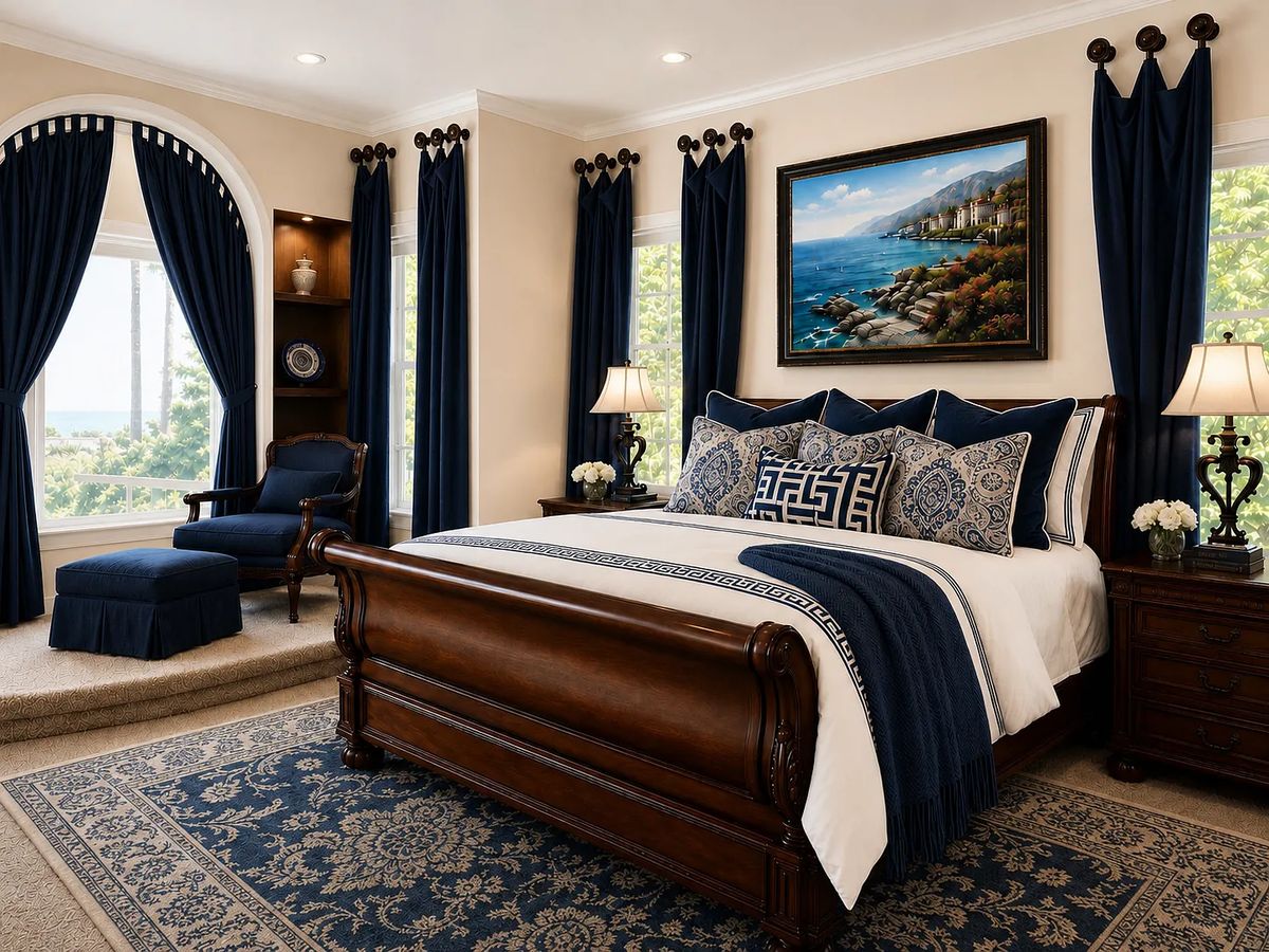 Bedroom with wooden sleigh bed, blue pillows, nightstands, lamps, area rug, and large windows with drapes.