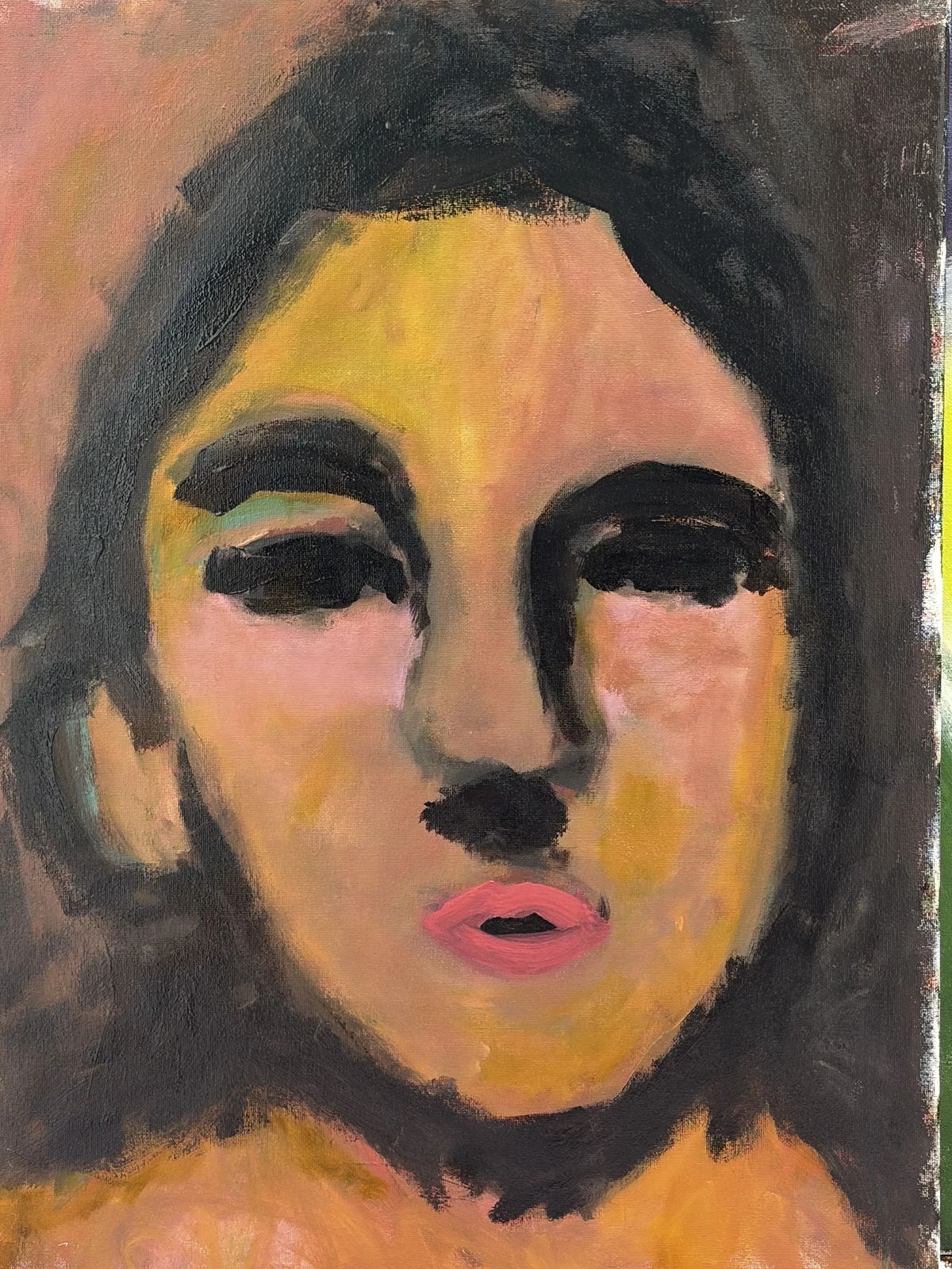 Abstract painting of a face with dark hair and a light pink mouth against a brown and yellow background.