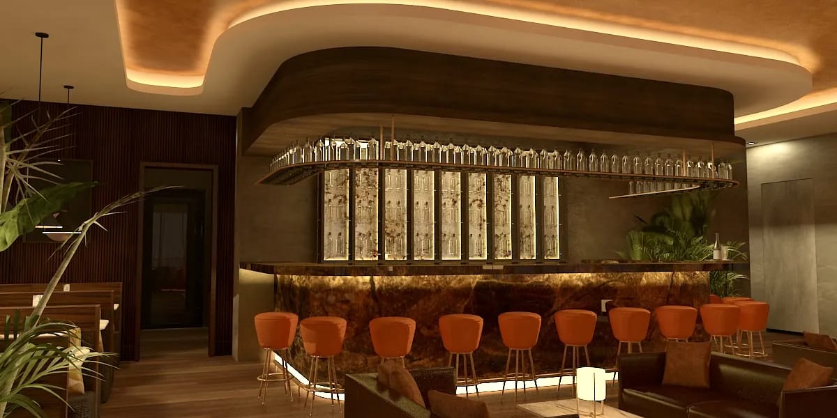 Living room with curved bar, orange bar stools, sectional sofa, and leather armchairs with ambient lighting.
