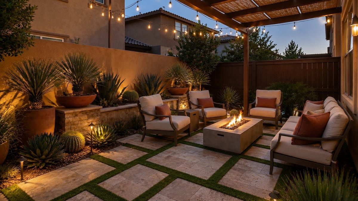 Patio with beige chairs, stone fire pit, potted plants, and string lights under a wooden pergola