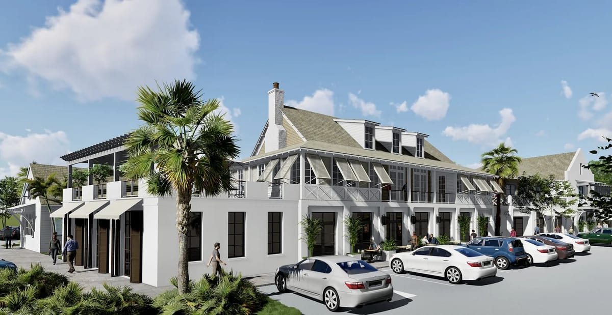 Exterior view of a multi-story building with balcony, palm trees, and parked cars.