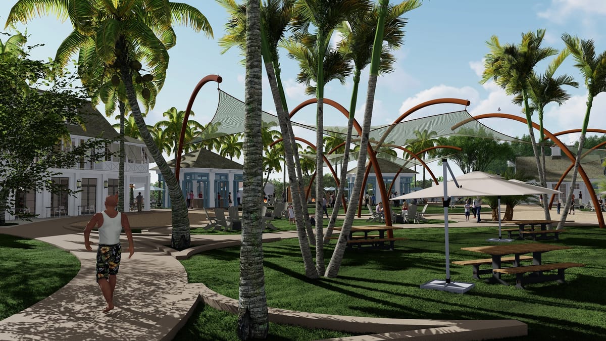Outdoor area with palm trees, walking path, picnic tables, and shade structures.