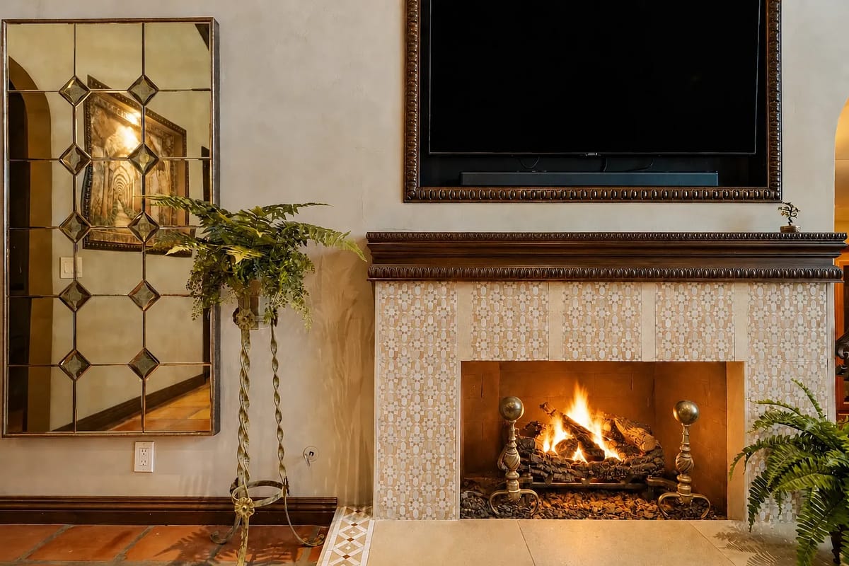 Living room with fireplace, large mirror, decorative plant, and mounted television.