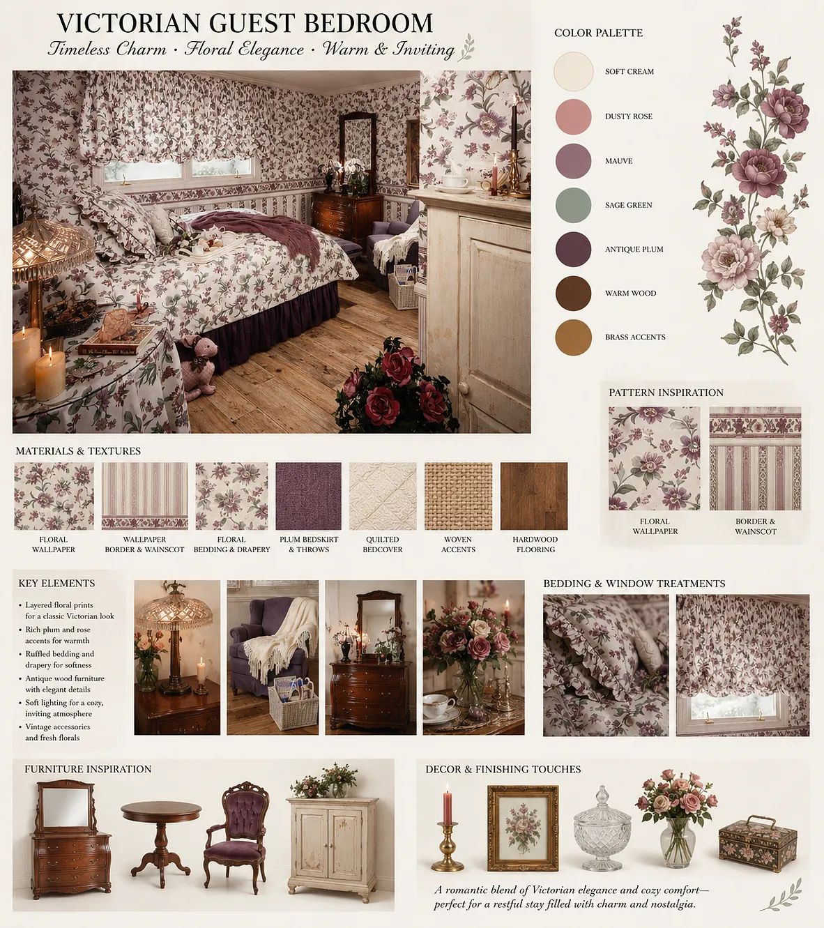 Guest bedroom with floral wallpaper, wooden bed frame, nightstands, vintage dresser, and area rug.