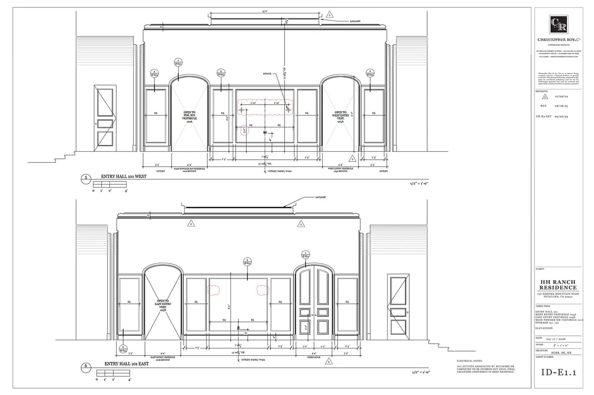 Architectural drawing of a building facade with entry details and window placements.