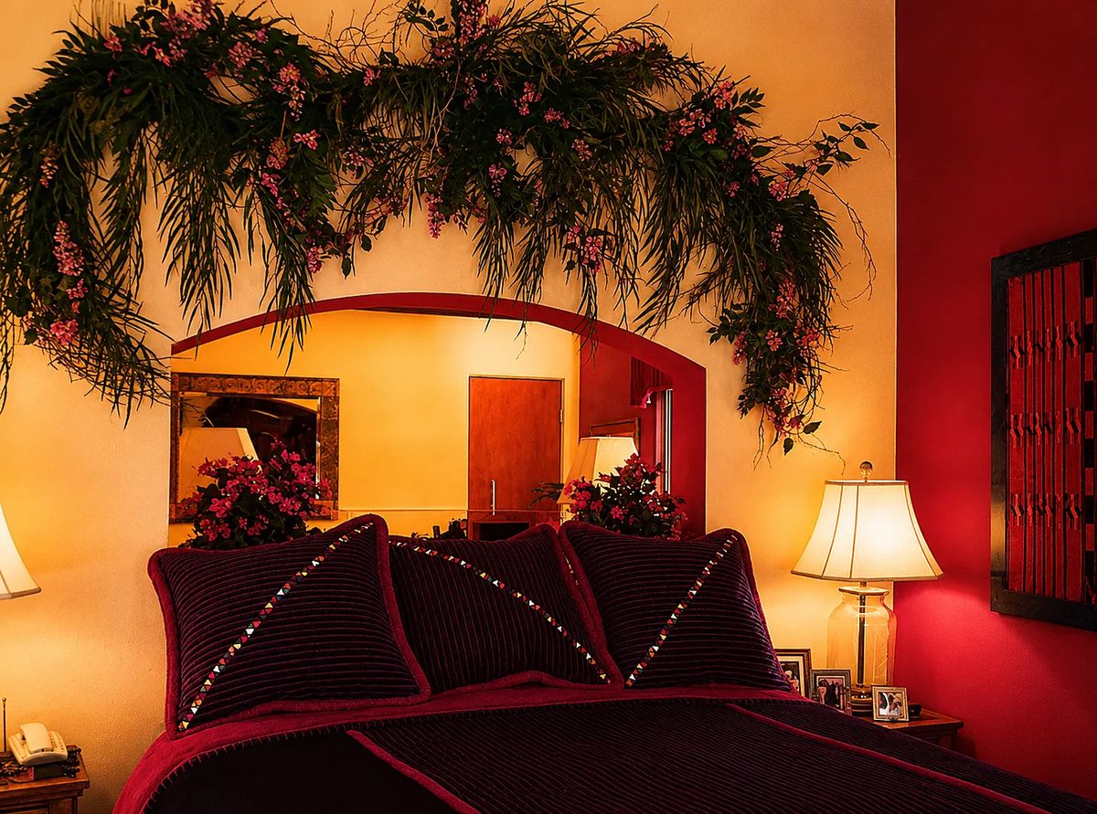 Bedroom with large bed, floral arrangement, red walls, bedside lamps, and artwork.