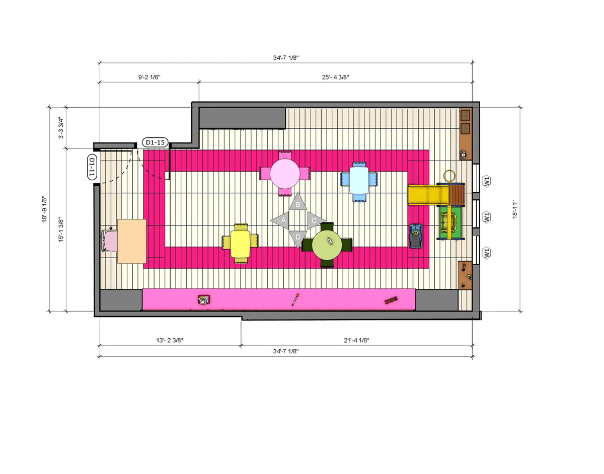 Illustrated floor plan with colorful chairs, tables, and a kitchenette in a rectangular layout.