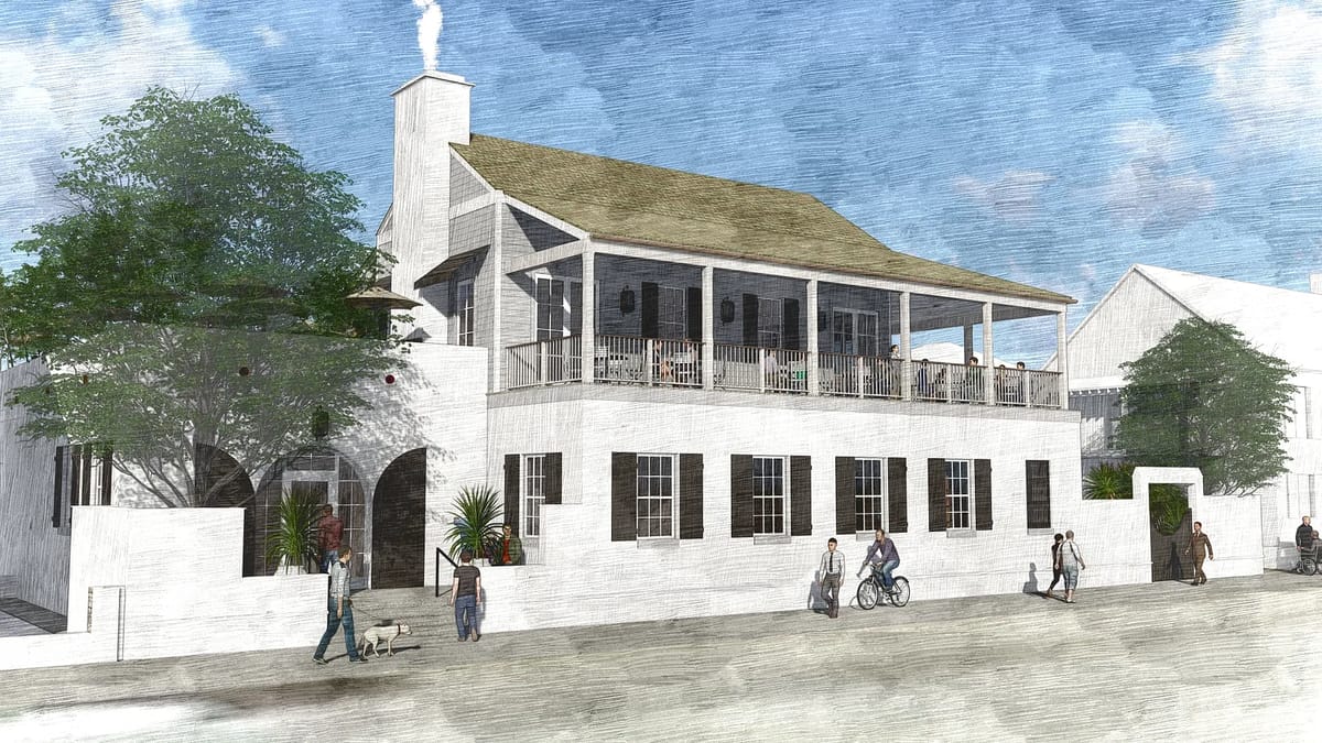 Front exterior view of house with porch, peaked roof, white walls, shutters, and surrounding trees.