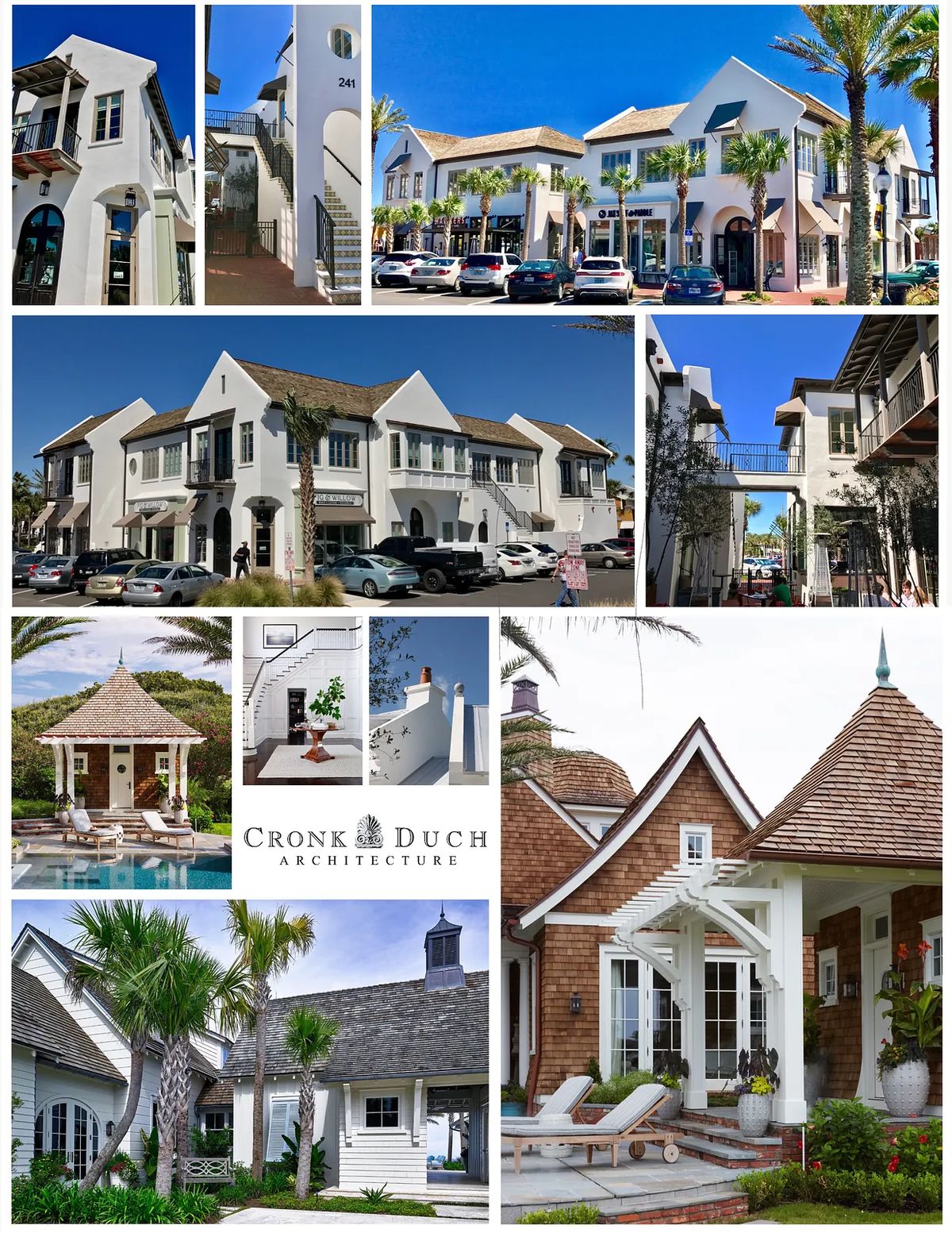 Collection of architectural exteriors featuring pitched roofs, stucco walls, and palm trees.