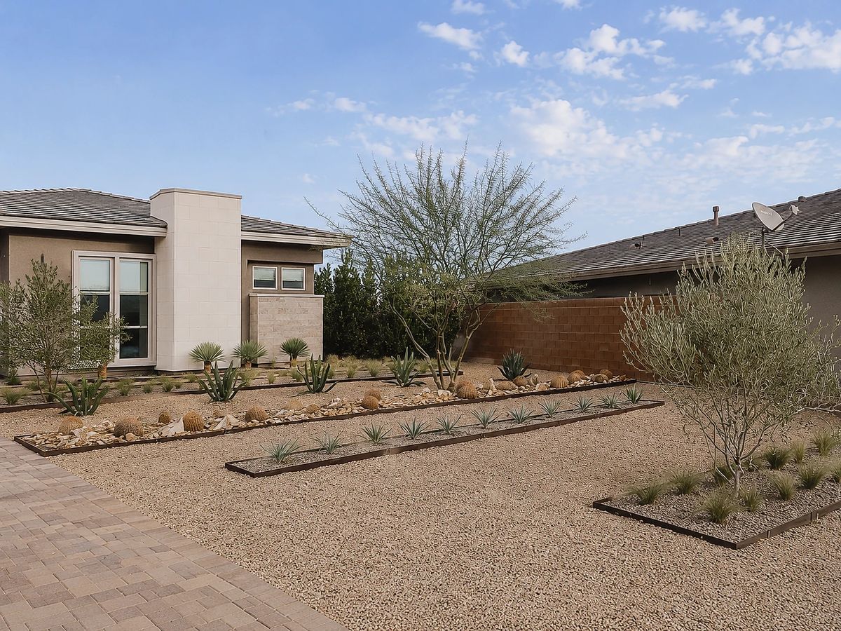 Front exterior area with gravel, desert plants, shrubs, and two houses with light-colored walls.