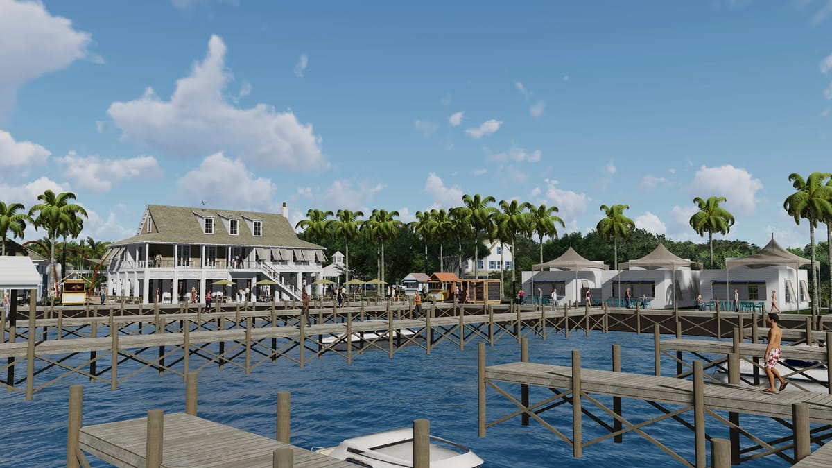 Exterior waterfront area with docks, boats, palm trees, and a two-story building with a porch.