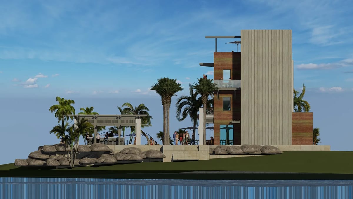 Exterior view of a multi-level house with wood, concrete, palm trees, and a patio area.