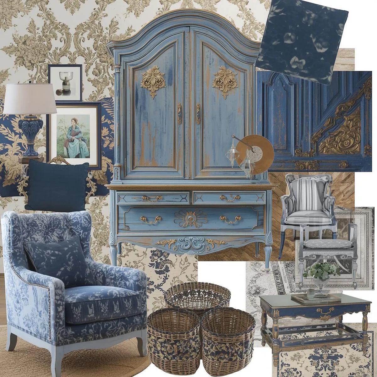 Decorative arrangement with blue armoire, chair, side table, patterned wallpaper, and woven baskets.