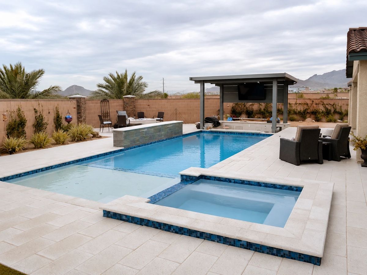 Outdoor space with swimming pool, spa, shaded seating area, barbecue, and landscaped plants.
