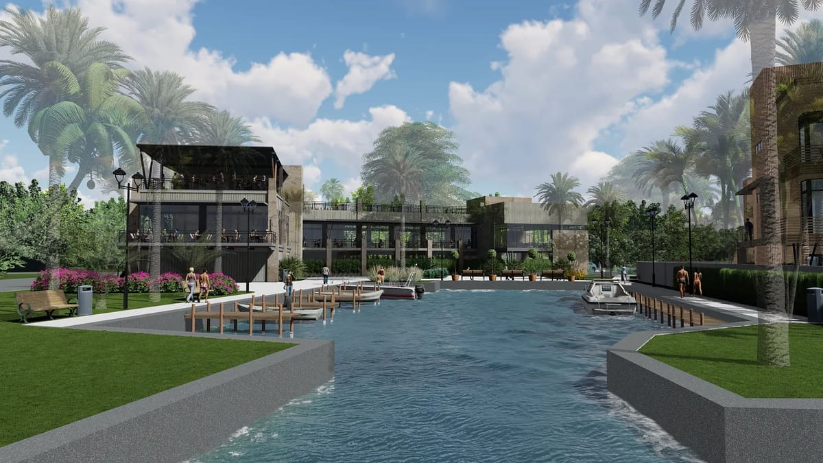 Exterior rear patio with pool, palm trees, seating areas, docks, and large windows in the building.