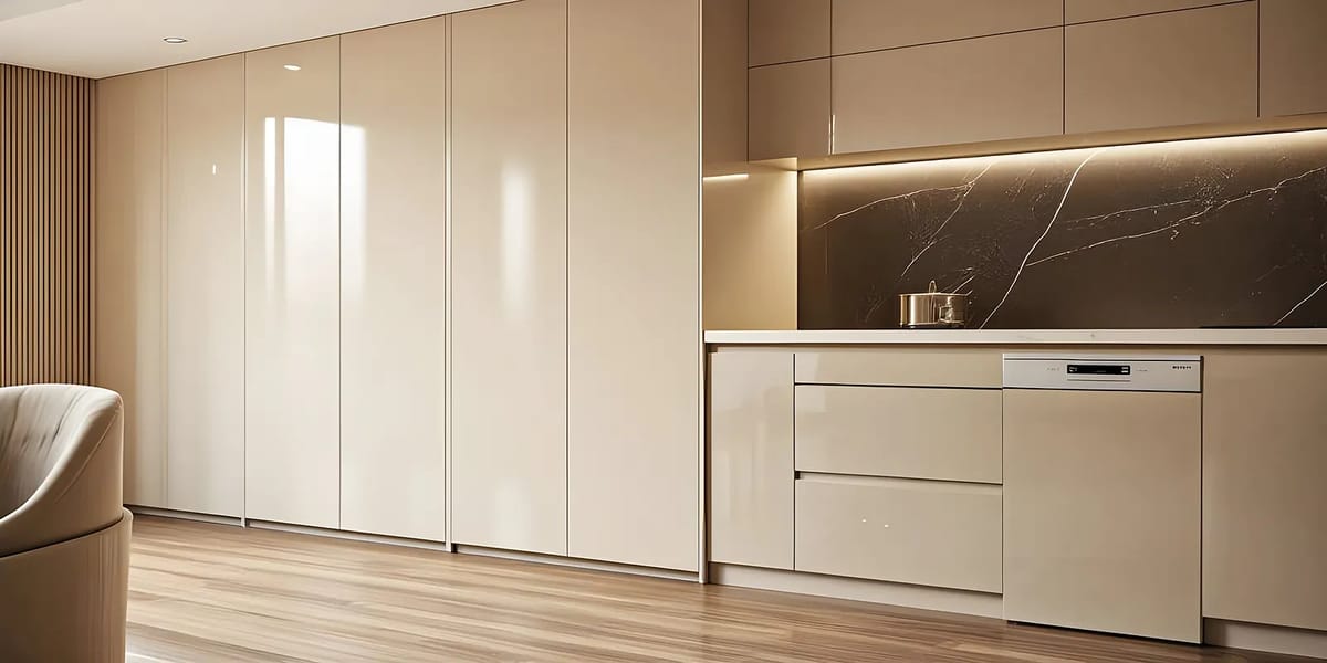 Kitchen with beige cabinetry, dark marble backsplash, built-in dishwasher, and hardwood flooring.