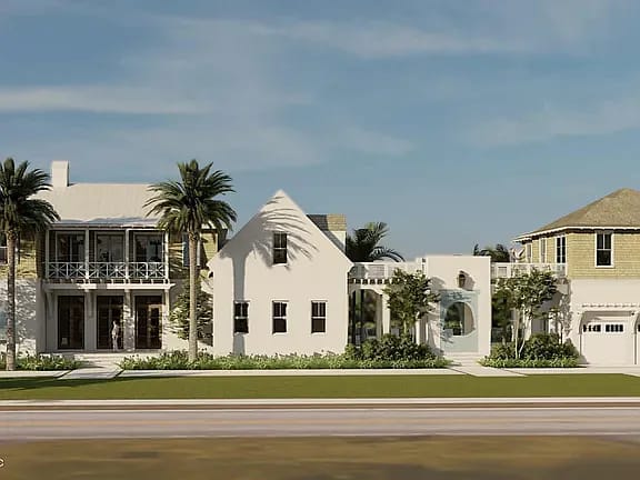 Exterior front view of residential buildings with white facade, large windows, and lush landscaping.