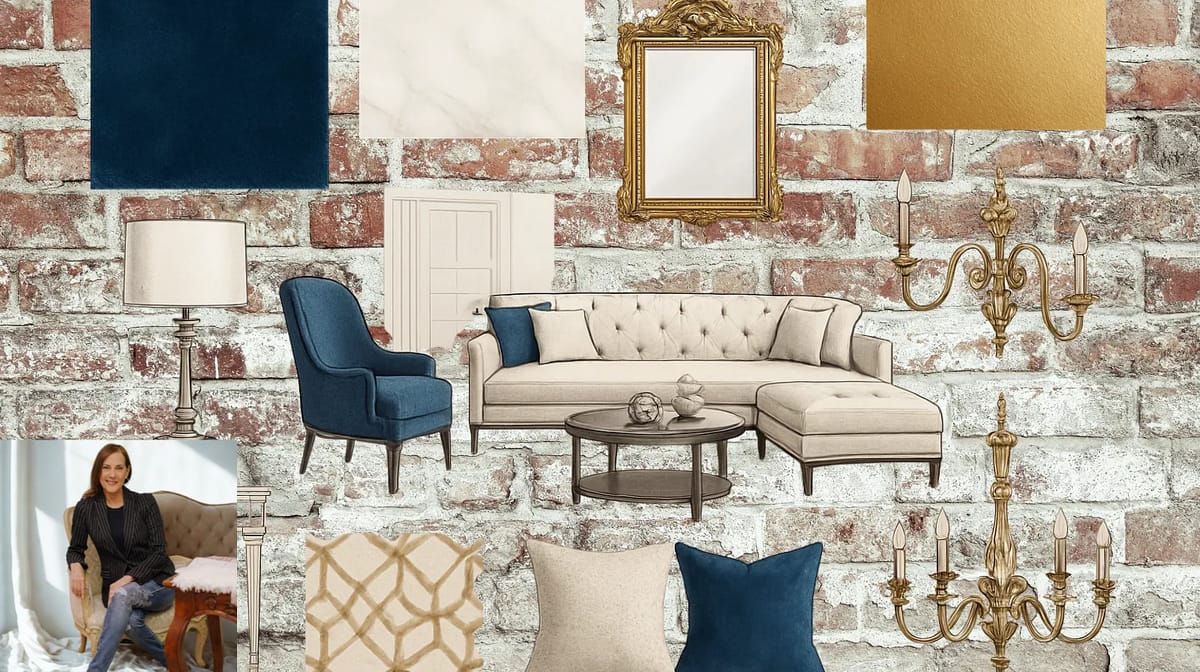 Living room with tufted sectional sofa, round coffee table, decorative pillows, mirror, and brick wall.