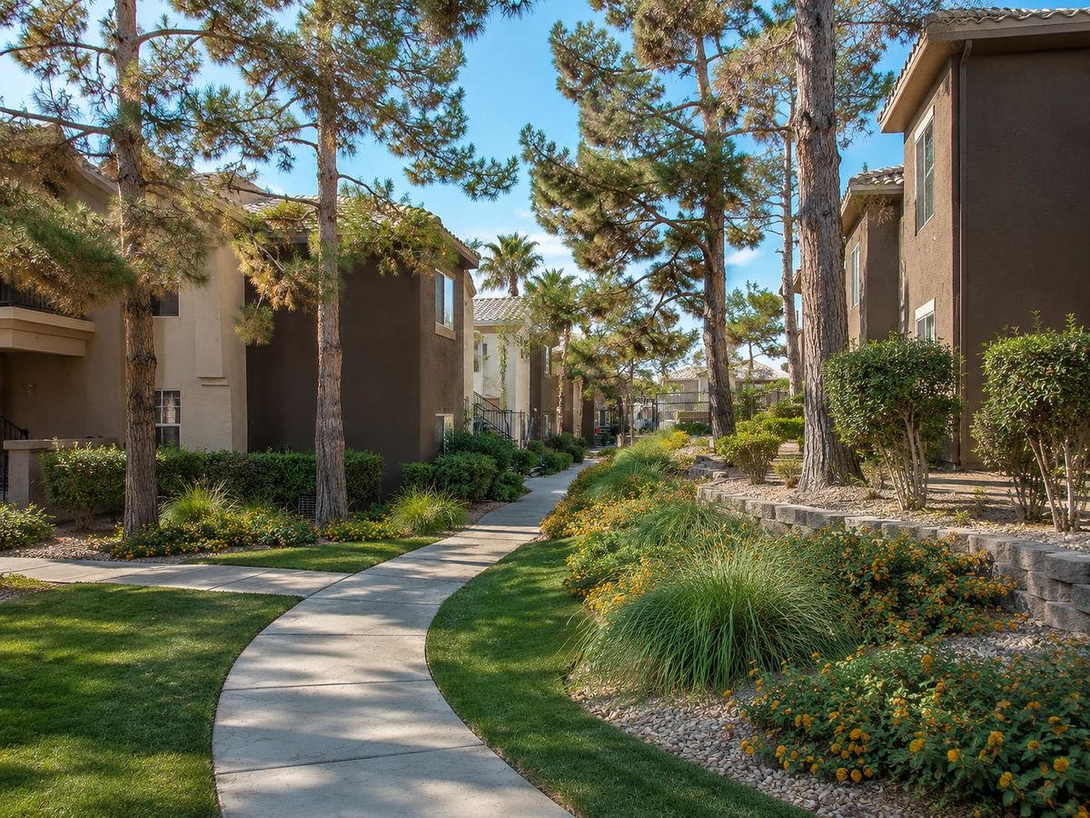 Curved garden pathway with grass, shrubs, flowering plants, and shade from pine trees.