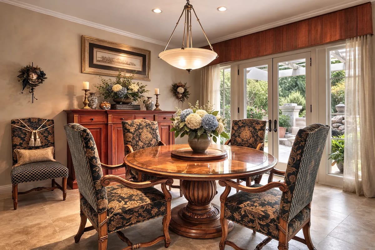 Dining room with round wooden table, six chairs, sideboard, glass door, and floral decor.