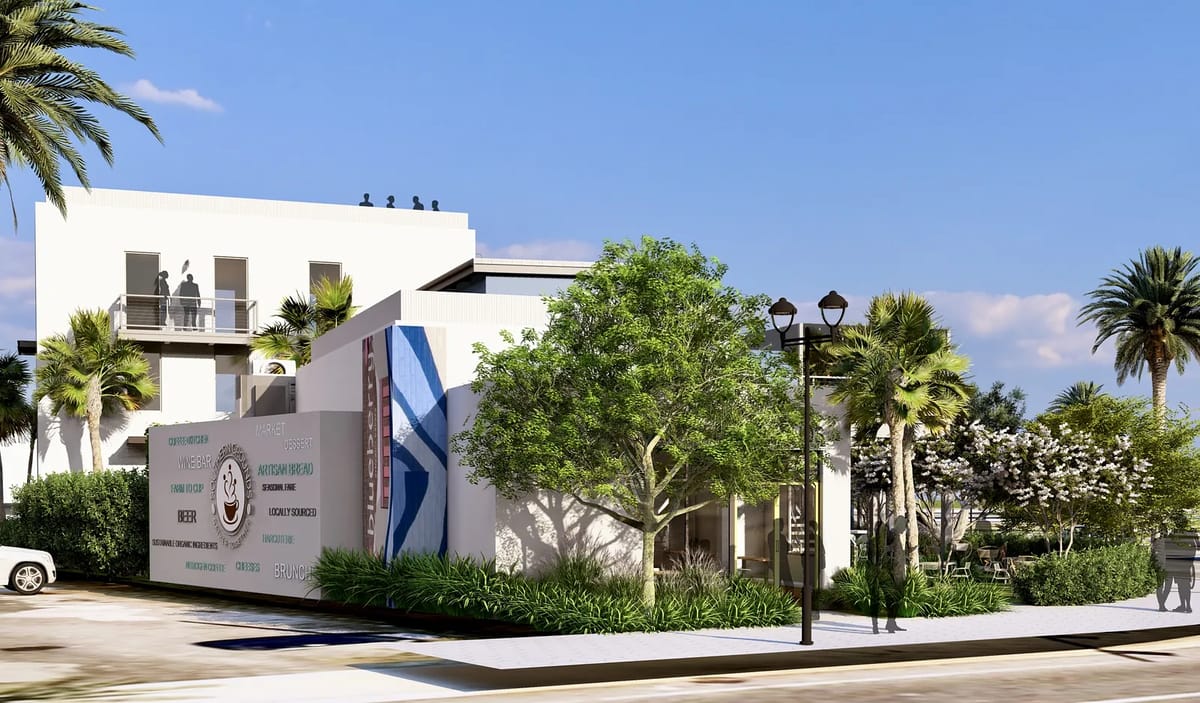 Exterior front view of a modern building with landscaping, palm trees, and a flat roof.