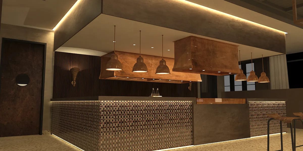 Kitchen with island, pendant lights, wood cabinetry, tiled backsplash, and patterned floor tiles.