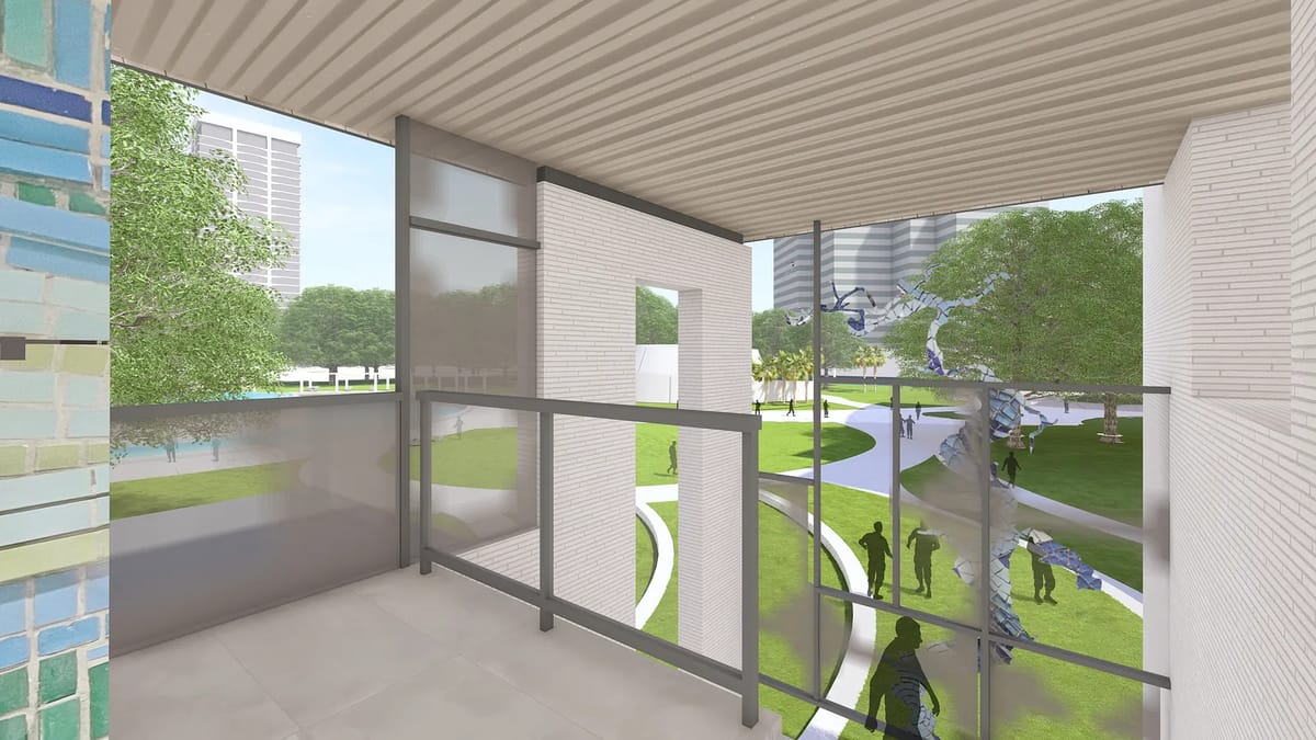 Exterior balcony view with glass railing, tiled walls, and landscape pathways
